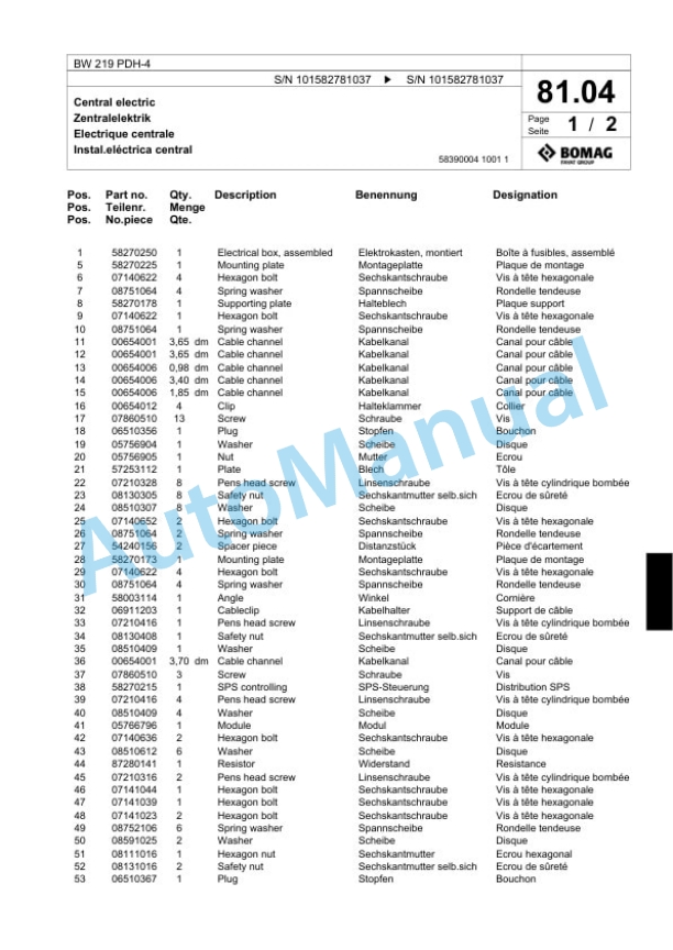 Bomag BW 219 PDH-4 Single Drum Wheel Drive Vibratory Roller Spare Parts Catalogue 00818071 2 Bomag BW 219 PDH-4 Single Drum Wheel Drive Vibratory Roller Spare Parts Catalogue 00818071-2