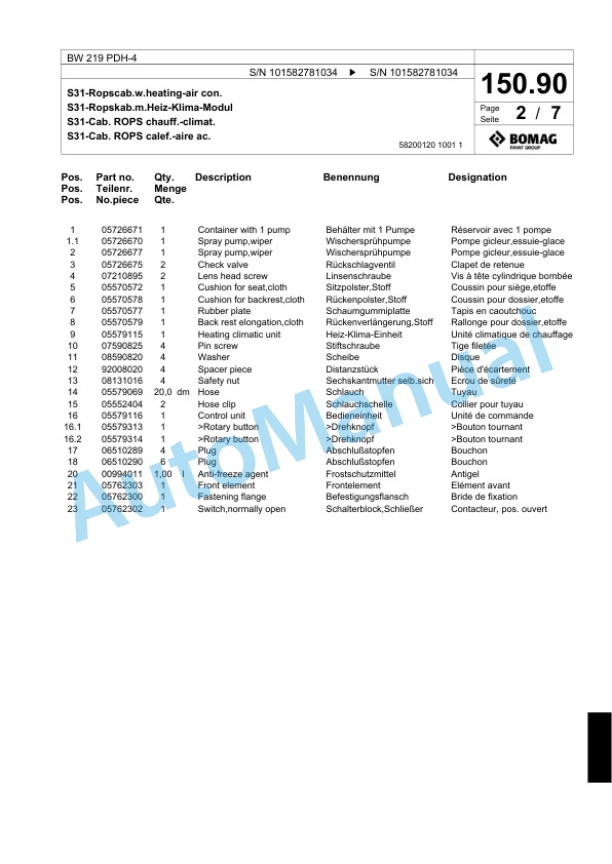 Bomag BW 219 PDH-4 Single Drum Wheel Drive Vibratory Roller Spare Parts Catalogue 00818071 4 Bomag BW 219 PDH-4 Single Drum Wheel Drive Vibratory Roller Spare Parts Catalogue 00818071-4