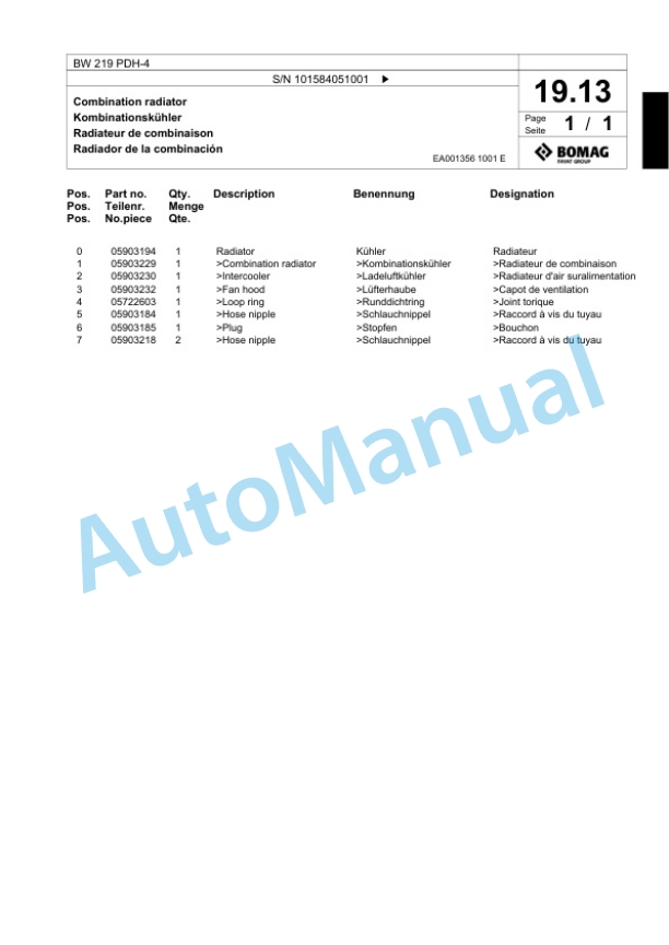 Bomag BW 219 PDH-4 Single Drum Wheel Drive Vibratory Roller Spare Parts Catalogue 00818859 2 Bomag BW 219 PDH-4 Single Drum Wheel Drive Vibratory Roller Spare Parts Catalogue 00818859-2