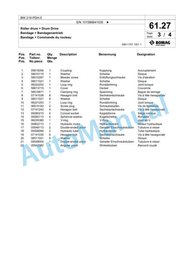 Bomag BW 219 PDH-5 Single Drum Wheel Drive Vibratory Roller Spare Parts Catalogue 00825225 2 Bomag BW 219 PDH-5 Single Drum Wheel Drive Vibratory Roller Spare Parts Catalogue 00825225-2