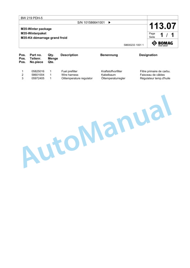 Bomag BW 219 PDH-5 Single Drum Wheel Drive Vibratory Roller Spare Parts Catalogue 00825225 3 Bomag BW 219 PDH-5 Single Drum Wheel Drive Vibratory Roller Spare Parts Catalogue 00825225-3