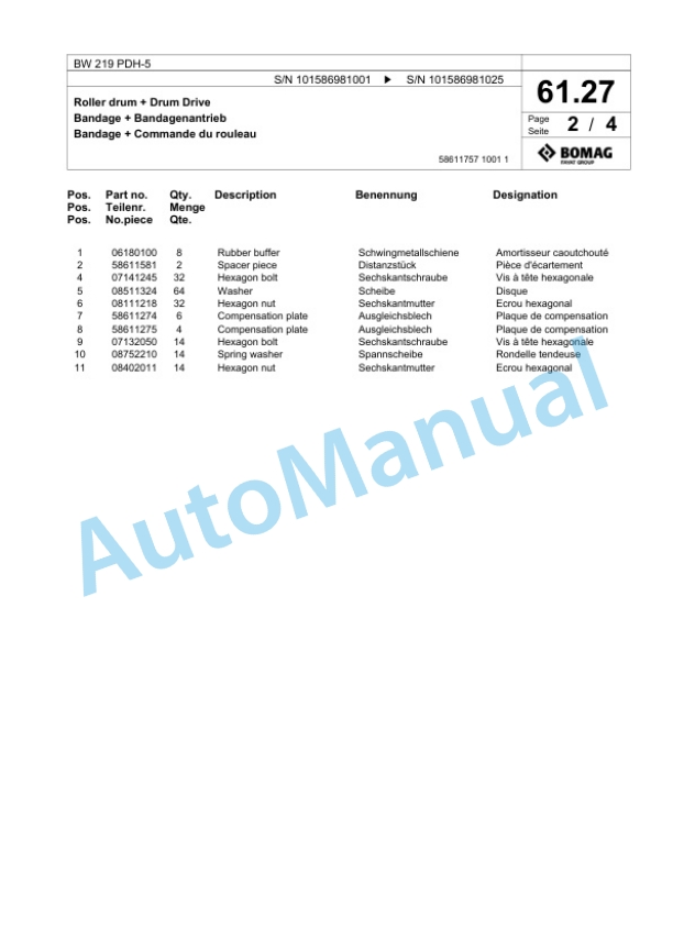 Bomag BW 219 PDH-5 Single Drum Wheel Drive Vibratory Roller Spare Parts Catalogue 00825705 2 Bomag BW 219 PDH-5 Single Drum Wheel Drive Vibratory Roller Spare Parts Catalogue 00825705-2