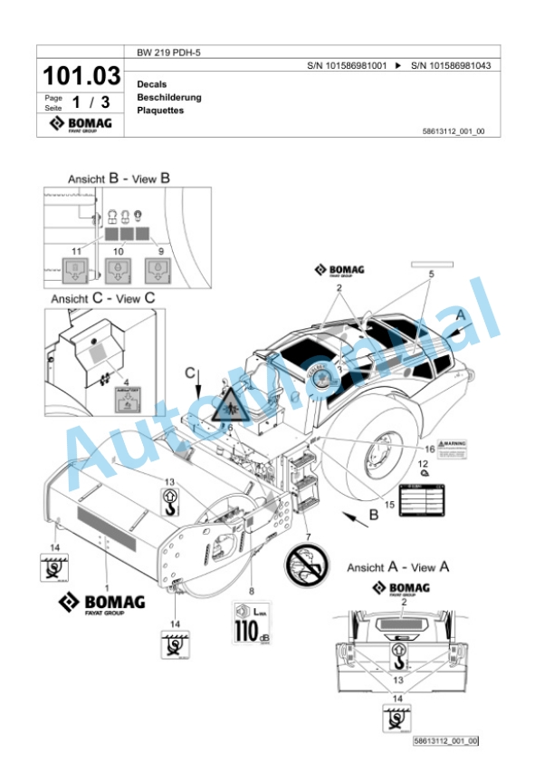 Bomag BW 219 PDH-5 Single Drum Wheel Drive Vibratory Roller Spare Parts Catalogue 00825705 3 Bomag BW 219 PDH-5 Single Drum Wheel Drive Vibratory Roller Spare Parts Catalogue 00825705-3