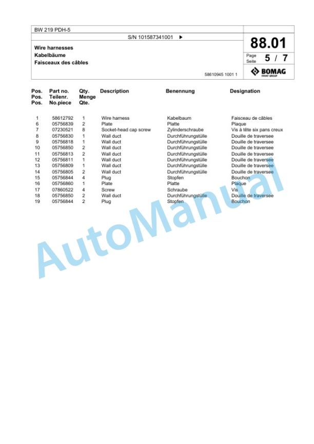 Bomag BW 219 PDH-5 Single Drum Wheel Drive Vibratory Roller Spare Parts Catalogue 00825853 2 Bomag BW 219 PDH-5 Single Drum Wheel Drive Vibratory Roller Spare Parts Catalogue 00825853-2