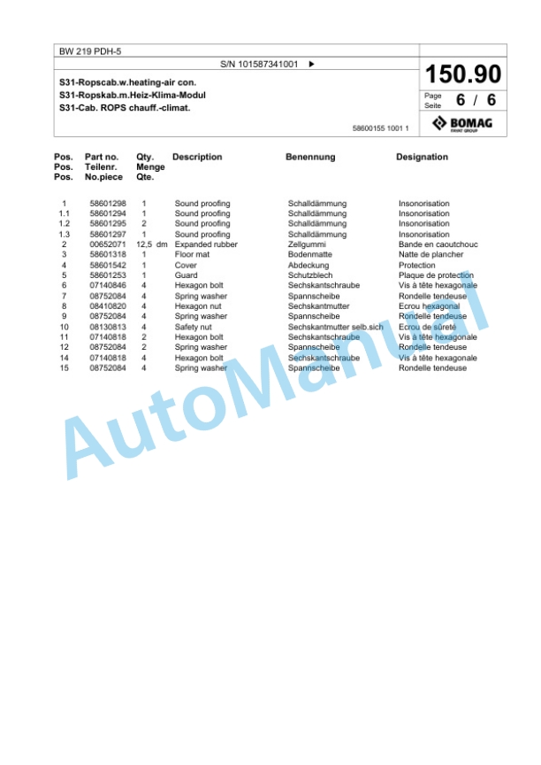 Bomag BW 219 PDH-5 Single Drum Wheel Drive Vibratory Roller Spare Parts Catalogue 00825853 4 Bomag BW 219 PDH-5 Single Drum Wheel Drive Vibratory Roller Spare Parts Catalogue 00825853-4
