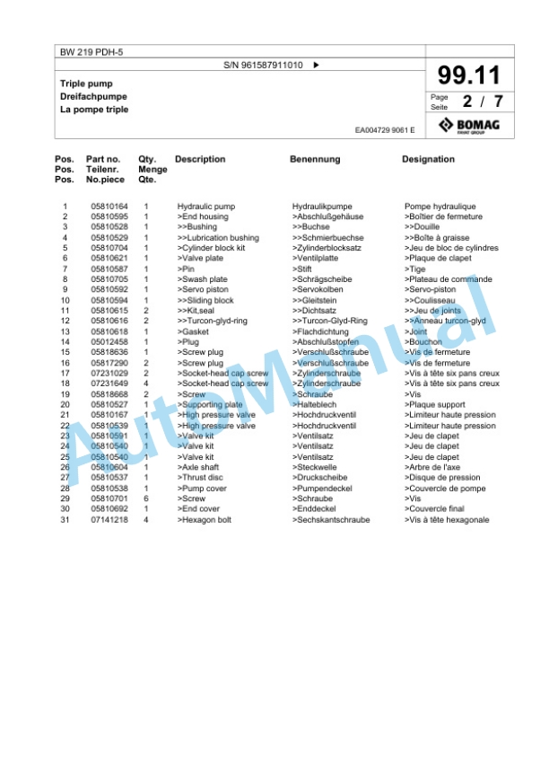 Bomag BW 219 PDH-5 Single Drum Wheel Drive Vibratory Roller Spare Parts Catalogue 00826945 3 Bomag BW 219 PDH-5 Single Drum Wheel Drive Vibratory Roller Spare Parts Catalogue 00826945-3