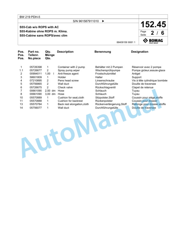 Bomag BW 219 PDH-5 Single Drum Wheel Drive Vibratory Roller Spare Parts Catalogue 00826945 5 Bomag BW 219 PDH-5 Single Drum Wheel Drive Vibratory Roller Spare Parts Catalogue 00826945-5