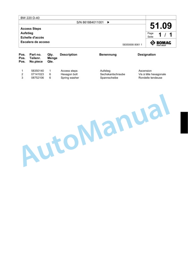 Bomag BW 220 D-40 Single Drum Wheel Drive Vibratory Roller Spare Parts Catalogue 00824803 2 Bomag BW 220 D-40 Single Drum Wheel Drive Vibratory Roller Spare Parts Catalogue 00824803-2