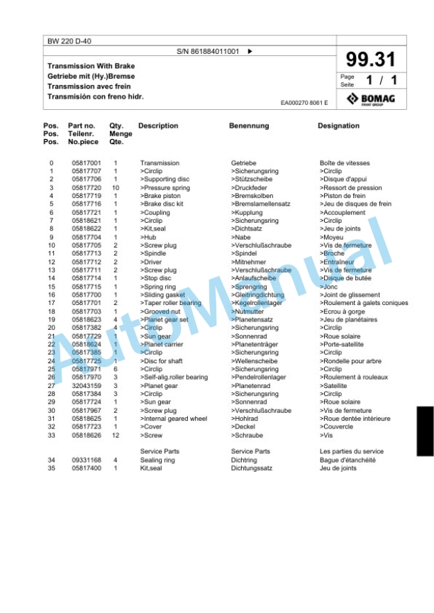 Bomag BW 220 D-40 Single Drum Wheel Drive Vibratory Roller Spare Parts Catalogue 00824803 4 Bomag BW 220 D-40 Single Drum Wheel Drive Vibratory Roller Spare Parts Catalogue 00824803-4