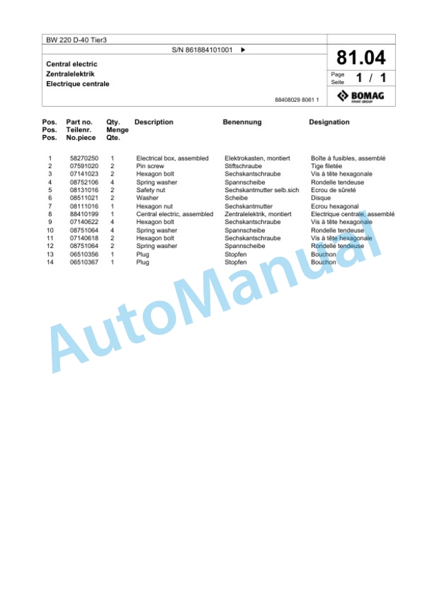 Bomag BW 220 D-40 Tier3 Single Drum Wheel Drive Vibratory Roller Spare Parts Catalogue 00825185 3 Bomag BW 220 D-40 Tier3 Single Drum Wheel Drive Vibratory Roller Spare Parts Catalogue 00825185-3