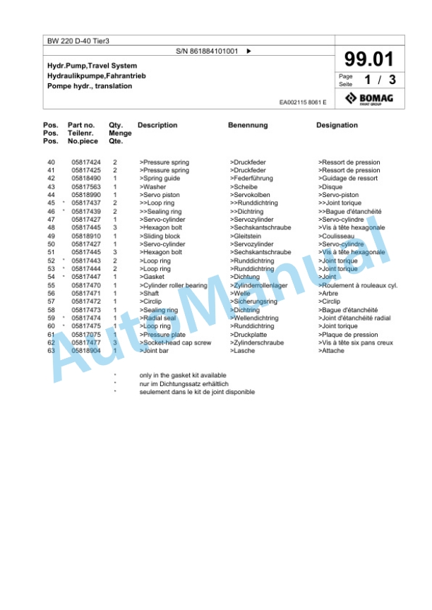 Bomag BW 220 D-40 Tier3 Single Drum Wheel Drive Vibratory Roller Spare Parts Catalogue 00825185 4 Bomag BW 220 D-40 Tier3 Single Drum Wheel Drive Vibratory Roller Spare Parts Catalogue 00825185-4