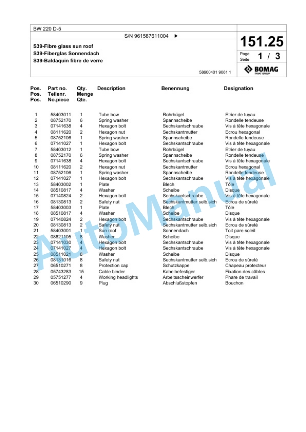 Bomag BW 220 D-5 Single Drum Wheel Drive Vibratory Roller Spare Parts Catalogue 00826429 3 Bomag BW 220 D-5 Single Drum Wheel Drive Vibratory Roller Spare Parts Catalogue 00826429-3