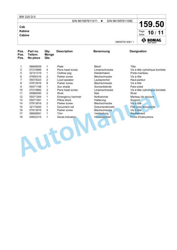Bomag BW 220 D-5 Single Drum Wheel Drive Vibratory Roller Spare Parts Catalogue 00826429 5 Bomag BW 220 D-5 Single Drum Wheel Drive Vibratory Roller Spare Parts Catalogue 00826429-5