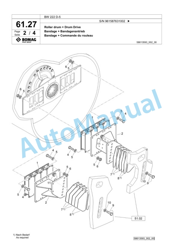 Bomag BW 222 D-5 Single Drum Wheel Drive Vibratory Roller Spare Parts Catalogue 00826433 2 Bomag BW 222 D-5 Single Drum Wheel Drive Vibratory Roller Spare Parts Catalogue 00826433-2