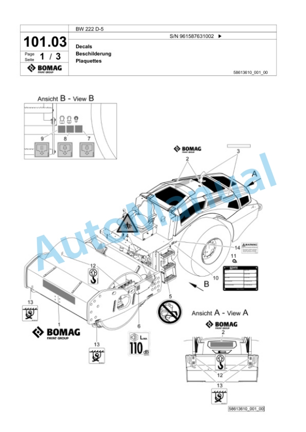 Bomag BW 222 D-5 Single Drum Wheel Drive Vibratory Roller Spare Parts Catalogue 00826433 3 Bomag BW 222 D-5 Single Drum Wheel Drive Vibratory Roller Spare Parts Catalogue 00826433-3