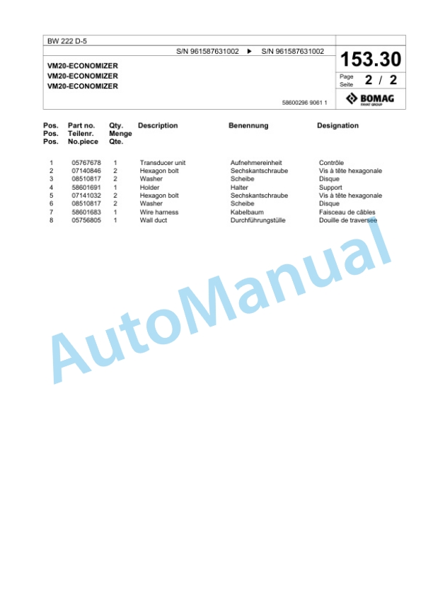 Bomag BW 222 D-5 Single Drum Wheel Drive Vibratory Roller Spare Parts Catalogue 00826433 5 Bomag BW 222 D-5 Single Drum Wheel Drive Vibratory Roller Spare Parts Catalogue 00826433-5