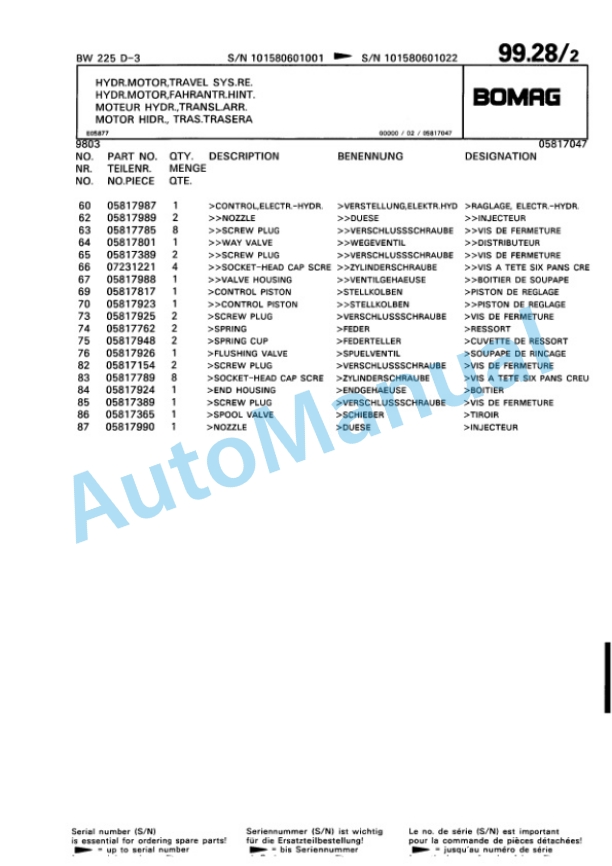 Bomag BW 225 D-3 Single Drum Wheel Drive Vibratory Roller Spare Parts Catalogue 00815360 3 Bomag BW 225 D-3 Single Drum Wheel Drive Vibratory Roller Spare Parts Catalogue 00815360-3