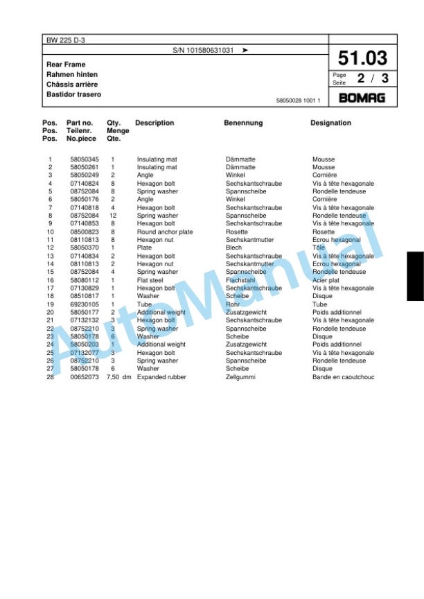 Bomag BW 225 D-3 Single Drum Wheel Drive Vibratory Roller Spare Parts Catalogue 00817546 2 Bomag BW 225 D-3 Single Drum Wheel Drive Vibratory Roller Spare Parts Catalogue 00817546-2