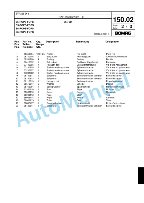 Bomag BW 225 D-3 Single Drum Wheel Drive Vibratory Roller Spare Parts Catalogue 00817546 4 Bomag BW 225 D-3 Single Drum Wheel Drive Vibratory Roller Spare Parts Catalogue 00817546-4