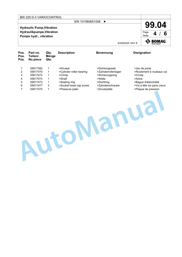 Bomag BW 225 D-3 VARIOCONTROL Single Drum Wheel Drive Vibratory Roller Spare Parts Catalogue 00817548 4 Bomag BW 225 D-3 VARIOCONTROL Single Drum Wheel Drive Vibratory Roller Spare Parts Catalogue 00817548-4