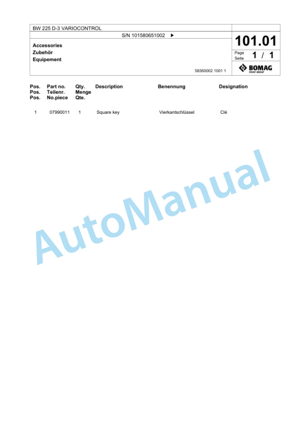 Bomag BW 225 D-3 VARIOCONTROL Single Drum Wheel Drive Vibratory Roller Spare Parts Catalogue 00817548 5 Bomag BW 225 D-3 VARIOCONTROL Single Drum Wheel Drive Vibratory Roller Spare Parts Catalogue 00817548-5