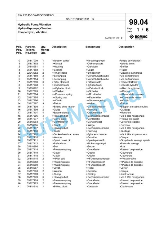 Bomag BW 225 D-3 VARIOCONTROL Single Drum Wheel Drive Vibratory Roller Spare Parts Catalogue 00817549 4 Bomag BW 225 D-3 VARIOCONTROL Single Drum Wheel Drive Vibratory Roller Spare Parts Catalogue 00817549-4