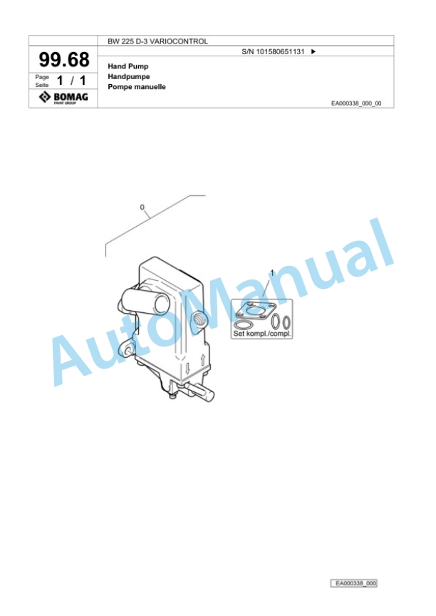 Bomag BW 225 D-3 VARIOCONTROL Single Drum Wheel Drive Vibratory Roller Spare Parts Catalogue 00817549 5 Bomag BW 225 D-3 VARIOCONTROL Single Drum Wheel Drive Vibratory Roller Spare Parts Catalogue 00817549-5