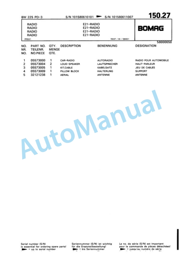 Bomag BW 225 PD-3 Single Drum Wheel Drive Vibratory Roller Spare Parts Catalogue 00815361 4 Bomag BW 225 PD-3 Single Drum Wheel Drive Vibratory Roller Spare Parts Catalogue 00815361-4