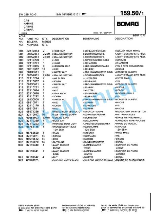 Bomag BW 225 PD-3 Single Drum Wheel Drive Vibratory Roller Spare Parts Catalogue 00815361 5 Bomag BW 225 PD-3 Single Drum Wheel Drive Vibratory Roller Spare Parts Catalogue 00815361-5