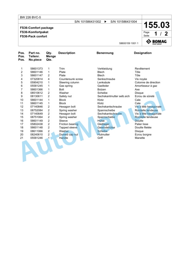 Bomag BW 226 BVC-5 Single Drum Wheel Drive Vibratory Roller Spare Parts Catalogue 00824583 5 Bomag BW 226 BVC-5 Single Drum Wheel Drive Vibratory Roller Spare Parts Catalogue 00824583-5