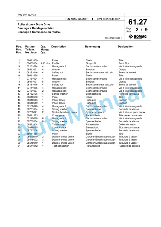 Bomag BW 226 BVC-5 Single Drum Wheel Drive Vibratory Roller Spare Parts Catalogue 00824883 2 Bomag BW 226 BVC-5 Single Drum Wheel Drive Vibratory Roller Spare Parts Catalogue 00824883-2