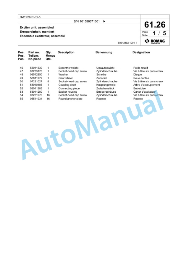 Bomag BW 226 BVC-5 Single Drum Wheel Drive Vibratory Roller Spare Parts Catalogue 00825217 2 Bomag BW 226 BVC-5 Single Drum Wheel Drive Vibratory Roller Spare Parts Catalogue 00825217-2