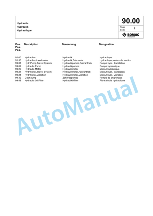 Bomag BW 226 D-5 CL Single Drum Wheel Drive Vibratory Roller Spare Parts Catalogue 00826807 3 Bomag BW 226 D-5 CL Single Drum Wheel Drive Vibratory Roller Spare Parts Catalogue 00826807-3