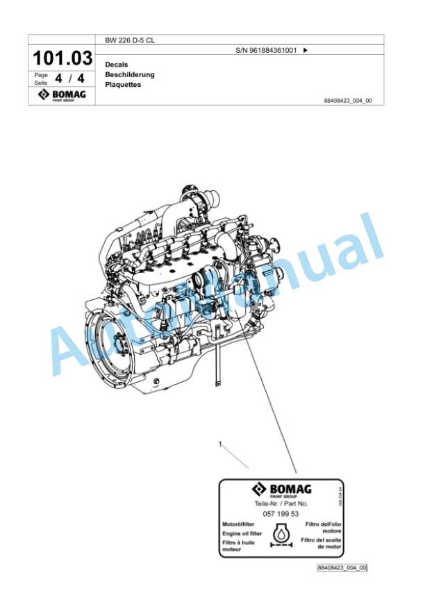 Bomag BW 226 D-5 CL Single Drum Wheel Drive Vibratory Roller Spare Parts Catalogue 00826807 5 Bomag BW 226 D-5 CL Single Drum Wheel Drive Vibratory Roller Spare Parts Catalogue 00826807-5