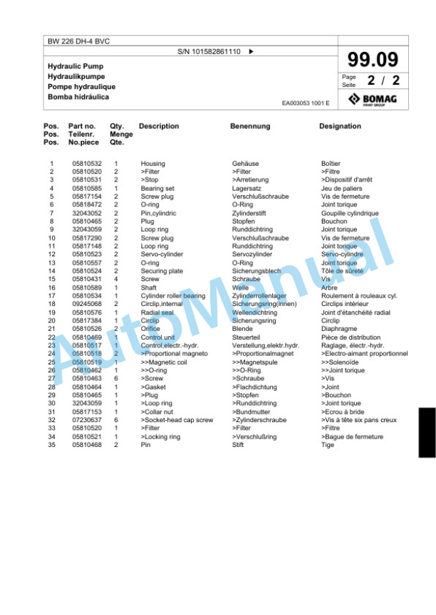 Bomag BW 226 DH-4 BVC Single Drum Wheel Drive Vibratory Roller Spare Parts Catalogue 00818049 3 Bomag BW 226 DH-4 BVC Single Drum Wheel Drive Vibratory Roller Spare Parts Catalogue 00818049-3
