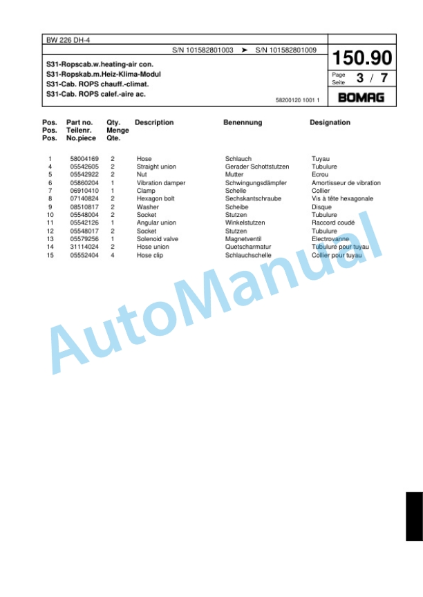 Bomag BW 226 DH-4 Single Drum Wheel Drive Vibratory Roller Spare Parts Catalogue 00817809 5 Bomag BW 226 DH-4 Single Drum Wheel Drive Vibratory Roller Spare Parts Catalogue 00817809-5