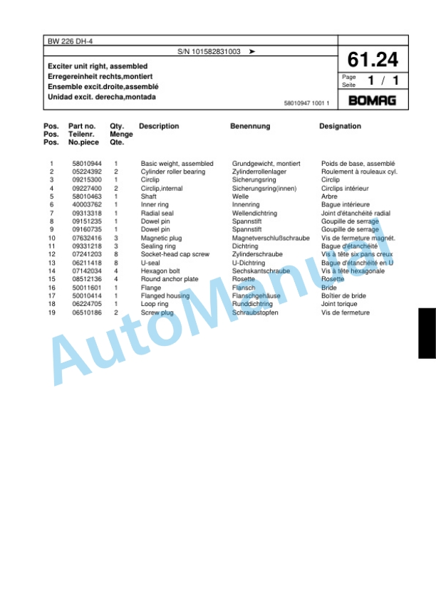 Bomag BW 226 DH-4 Single Drum Wheel Drive Vibratory Roller Spare Parts Catalogue 00817815 3 Bomag BW 226 DH-4 Single Drum Wheel Drive Vibratory Roller Spare Parts Catalogue 00817815-3