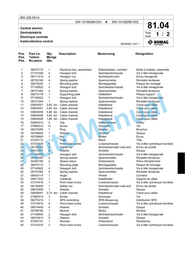 Bomag BW 226 DH-4 Single Drum Wheel Drive Vibratory Roller Spare Parts Catalogue 00818073 2 Bomag BW 226 DH-4 Single Drum Wheel Drive Vibratory Roller Spare Parts Catalogue 00818073-2