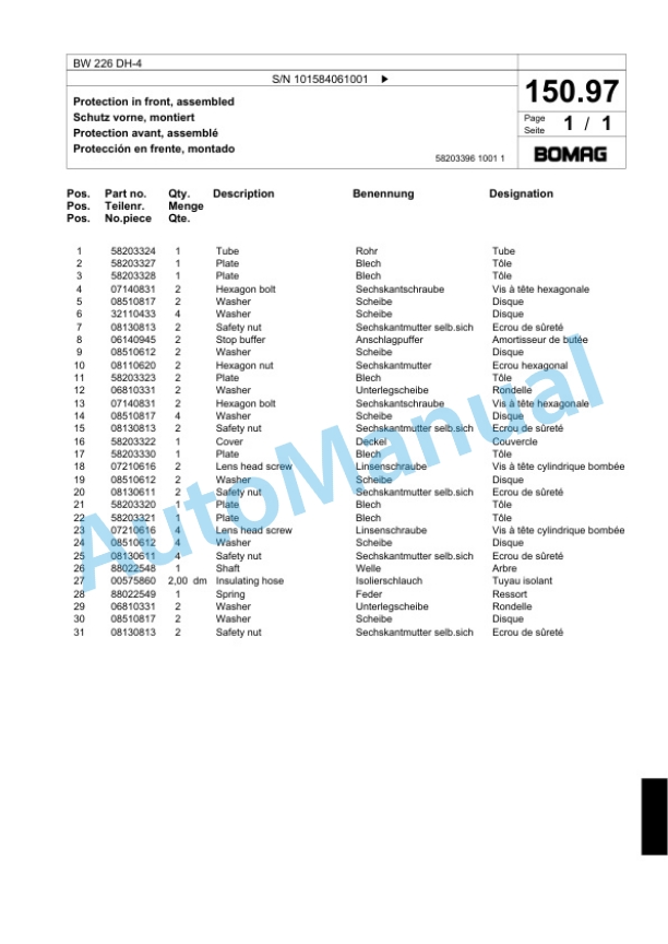 Bomag BW 226 DH-4 Single Drum Wheel Drive Vibratory Roller Spare Parts Catalogue 00818861 5 Bomag BW 226 DH-4 Single Drum Wheel Drive Vibratory Roller Spare Parts Catalogue 00818861-5