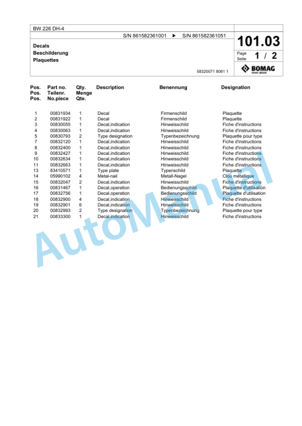 Bomag BW 226 DH-4 Single Drum Wheel Drive Vibratory Roller Spare Parts Catalogue 00825077 4 Bomag BW 226 DH-4 Single Drum Wheel Drive Vibratory Roller Spare Parts Catalogue 00825077-4