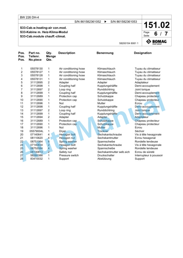 Bomag BW 226 DH-4 Single Drum Wheel Drive Vibratory Roller Spare Parts Catalogue 00825077 5 Bomag BW 226 DH-4 Single Drum Wheel Drive Vibratory Roller Spare Parts Catalogue 00825077-5