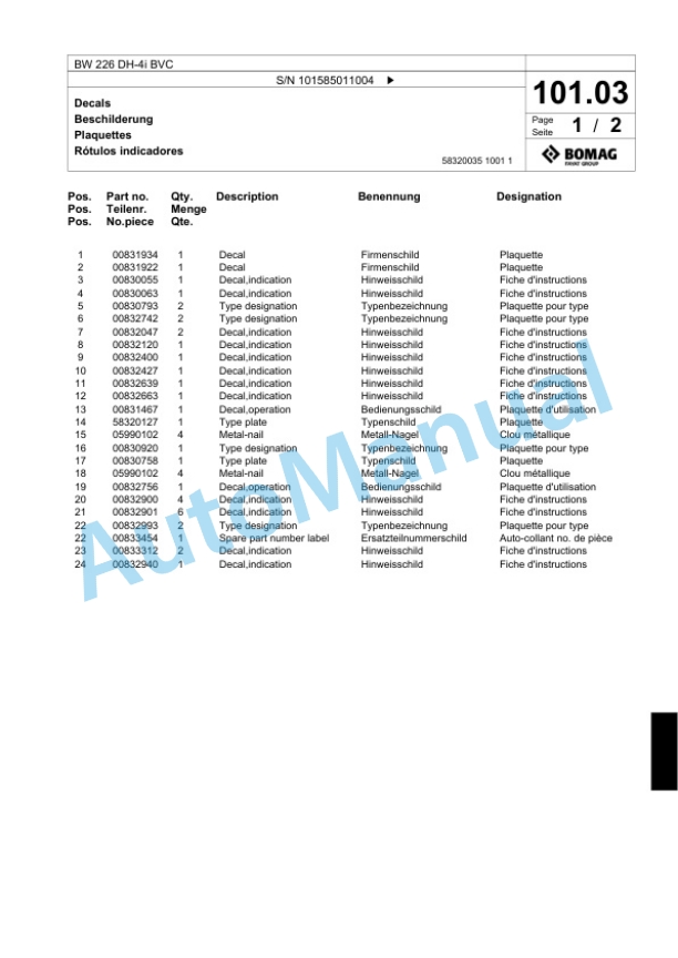 Bomag BW 226 DH-4i BVC Single Drum Wheel Drive Vibratory Roller Spare Parts Catalogue 00818051 4 Bomag BW 226 DH-4i BVC Single Drum Wheel Drive Vibratory Roller Spare Parts Catalogue 00818051-4