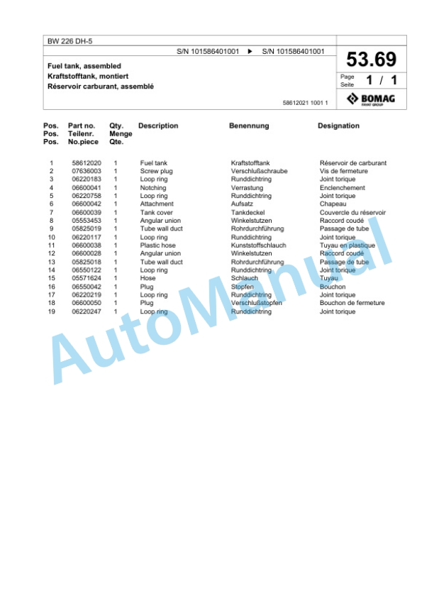 Bomag BW 226 DH-5 Single Drum Wheel Drive Vibratory Roller Spare Parts Catalogue 00824815 2 Bomag BW 226 DH-5 Single Drum Wheel Drive Vibratory Roller Spare Parts Catalogue 00824815-2