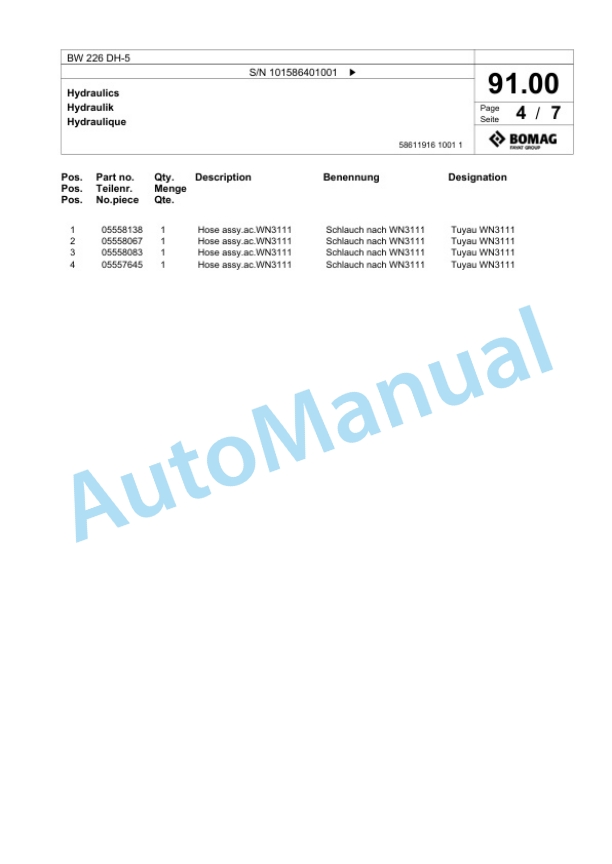 Bomag BW 226 DH-5 Single Drum Wheel Drive Vibratory Roller Spare Parts Catalogue 00824815 3 Bomag BW 226 DH-5 Single Drum Wheel Drive Vibratory Roller Spare Parts Catalogue 00824815-3