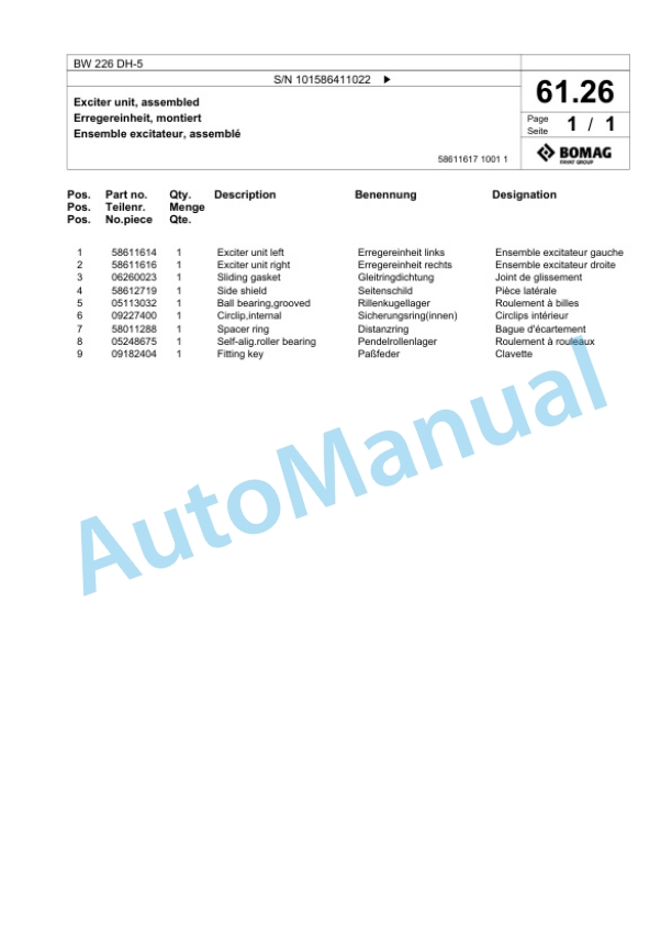 Bomag BW 226 DH-5 Single Drum Wheel Drive Vibratory Roller Spare Parts Catalogue 00824881 2 Bomag BW 226 DH-5 Single Drum Wheel Drive Vibratory Roller Spare Parts Catalogue 00824881-2