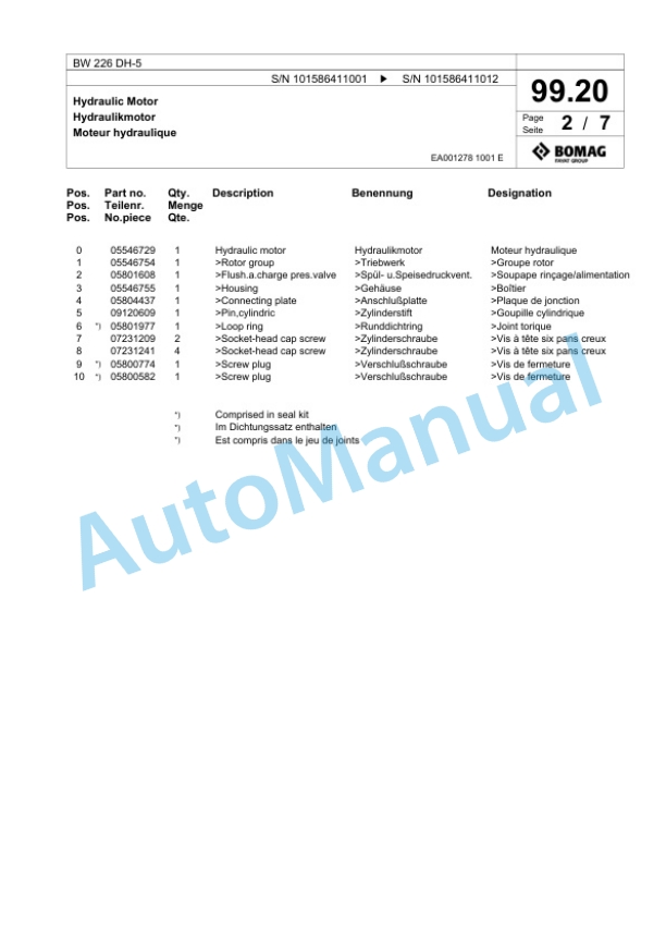 Bomag BW 226 DH-5 Single Drum Wheel Drive Vibratory Roller Spare Parts Catalogue 00824881 3 Bomag BW 226 DH-5 Single Drum Wheel Drive Vibratory Roller Spare Parts Catalogue 00824881-3