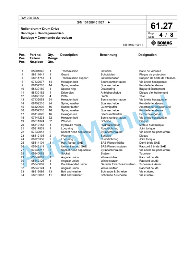 Bomag BW 226 DI-5 Single Drum Wheel Drive Vibratory Roller Spare Parts Catalogue 00824817 2 Bomag BW 226 DI-5 Single Drum Wheel Drive Vibratory Roller Spare Parts Catalogue 00824817-2