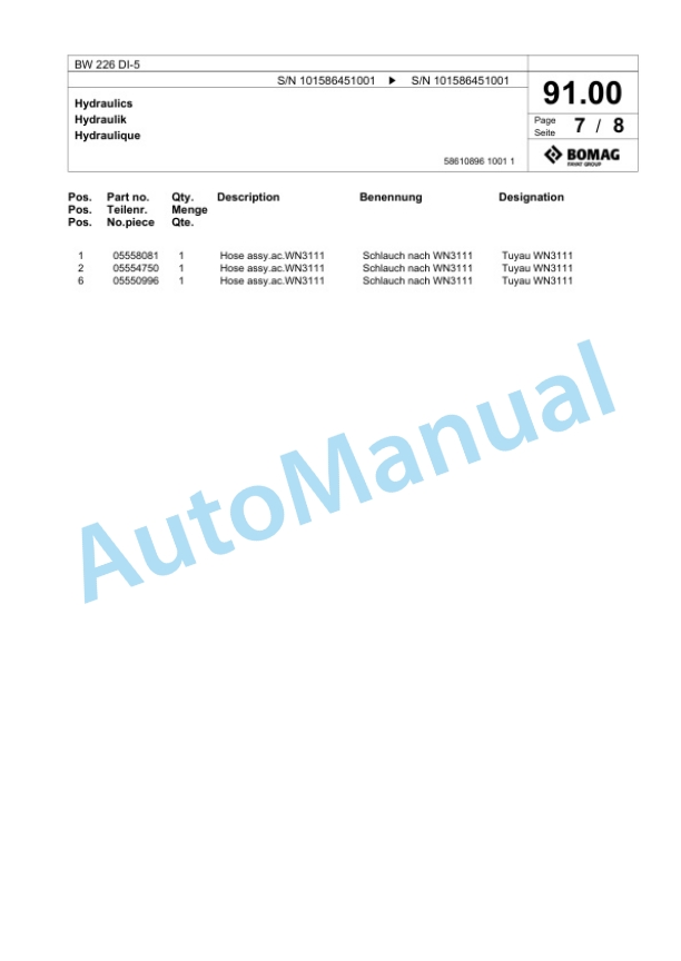 Bomag BW 226 DI-5 Single Drum Wheel Drive Vibratory Roller Spare Parts Catalogue 00824817 3 Bomag BW 226 DI-5 Single Drum Wheel Drive Vibratory Roller Spare Parts Catalogue 00824817-3