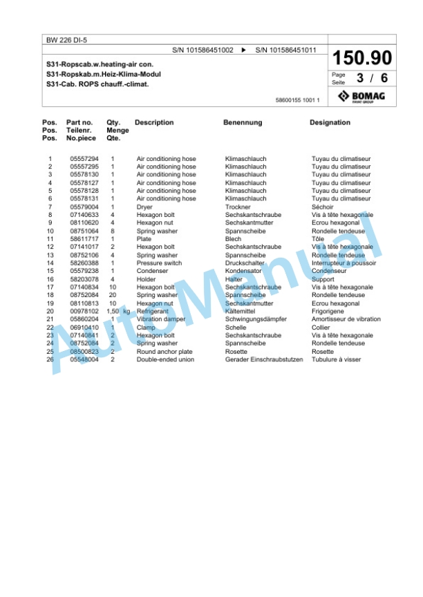 Bomag BW 226 DI-5 Single Drum Wheel Drive Vibratory Roller Spare Parts Catalogue 00824817 5 Bomag BW 226 DI-5 Single Drum Wheel Drive Vibratory Roller Spare Parts Catalogue 00824817-5