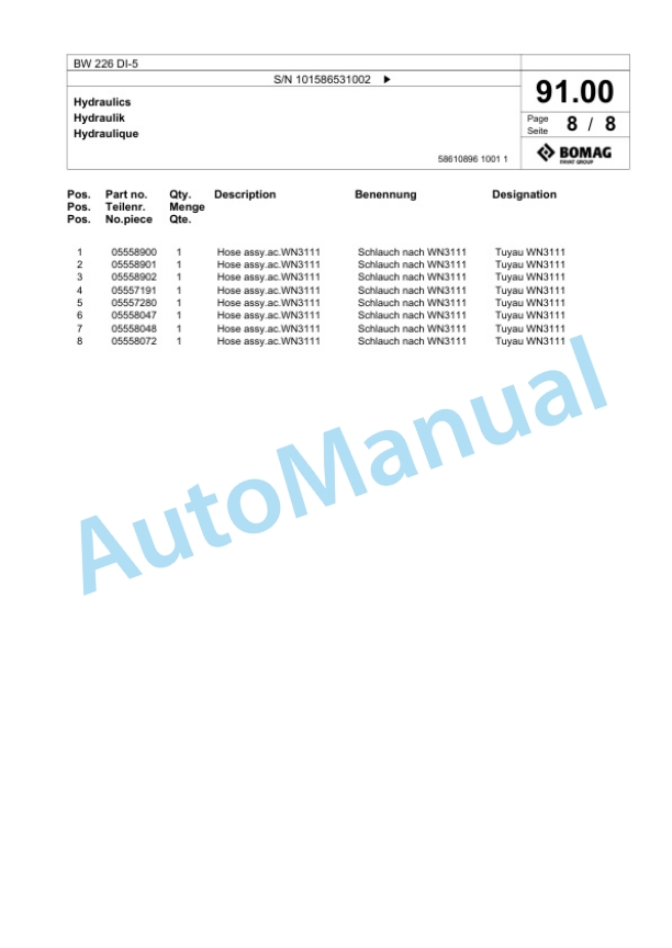 Bomag BW 226 DI-5 Single Drum Wheel Drive Vibratory Roller Spare Parts Catalogue 00824975 3 Bomag BW 226 DI-5 Single Drum Wheel Drive Vibratory Roller Spare Parts Catalogue 00824975-3